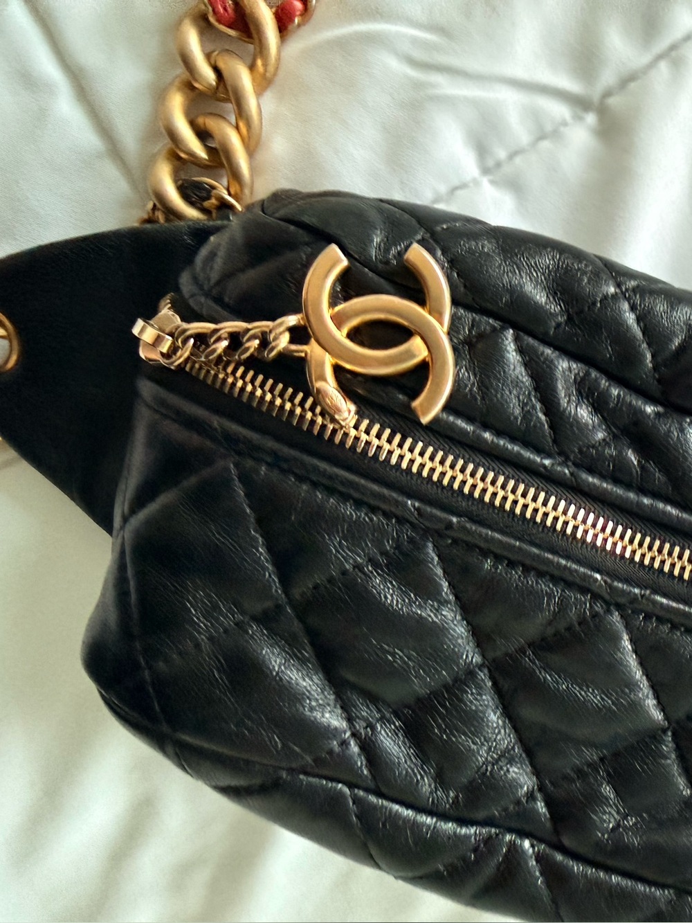CHANEL Black Quilted Leather Wristlet with Gold CC Hardware
